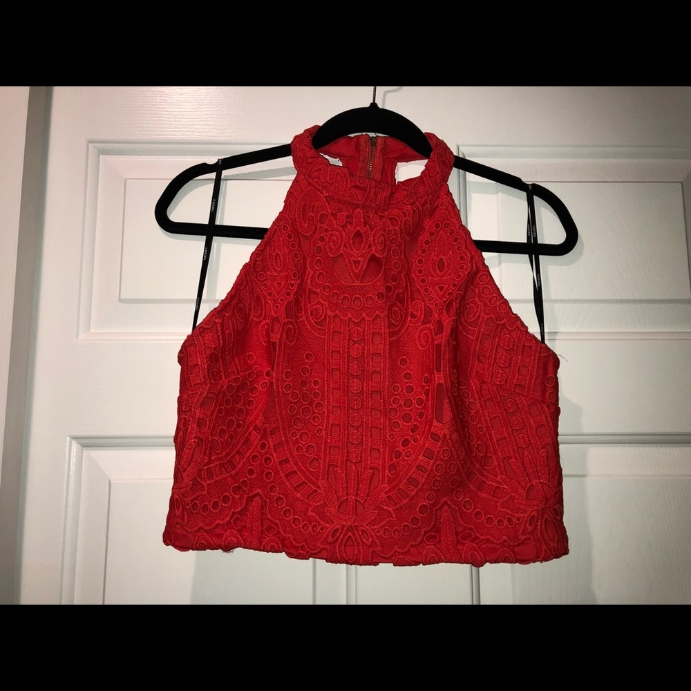 Red Lace Patterened Crop Top
